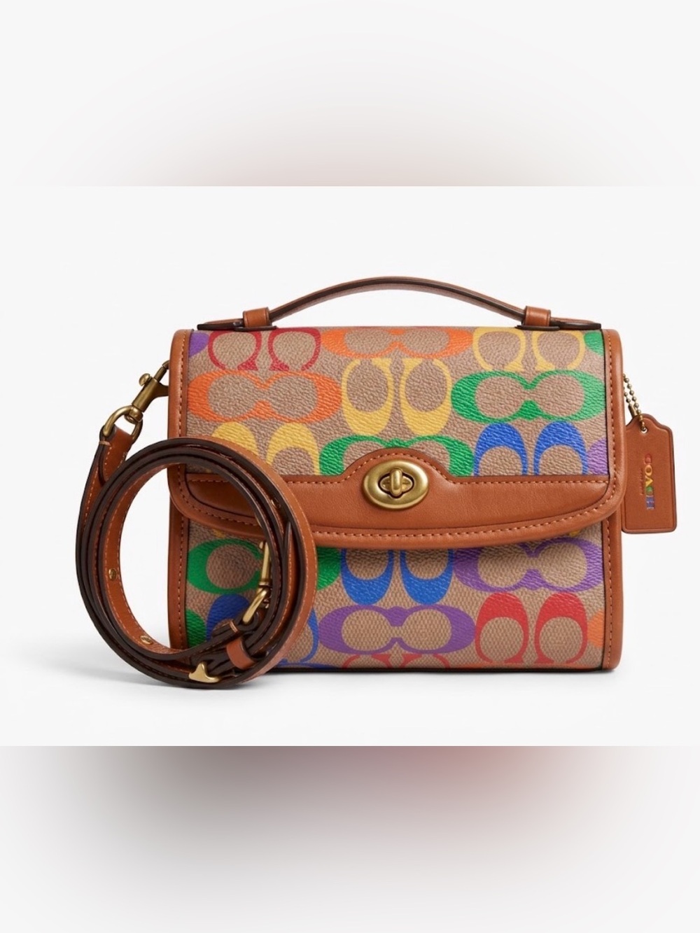 Coach Rainbow Signature Canvas Kip Turnlock Crossbody Bag C5144 Leather Trim